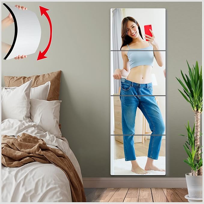 Unbreakable Full Length Wall Mirror Cheap,Over The Door Mirror,4 Pcs 16"x16",Shatterproof Plexiglass Acrylic,Plexiglass Makeup Mirror Long Mirrors for Bedroom Closet,Workout for Home Gym Bodyv