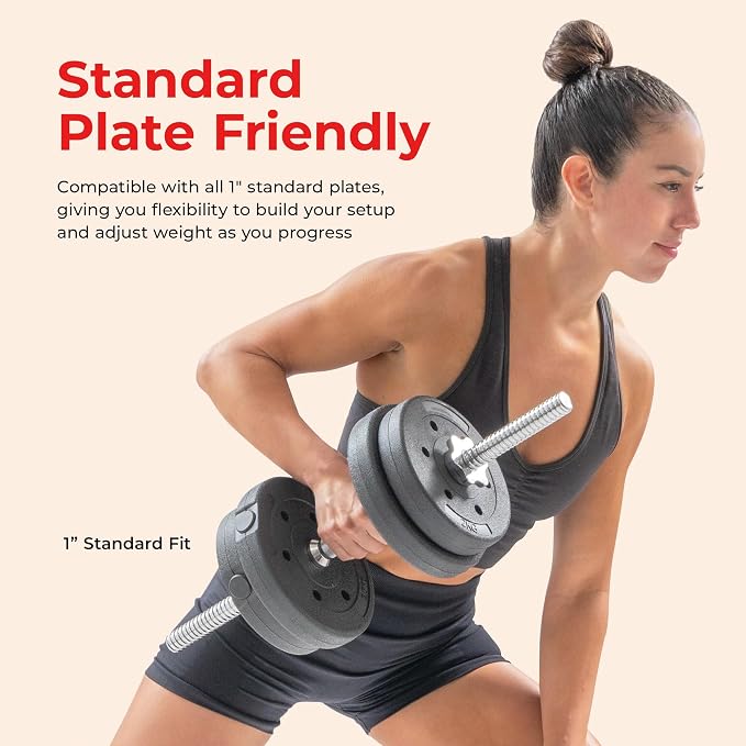 Sunny Health & Fitness Threaded Dumbbell w/Star-Lock Collars, 14"- 24" Pair | 1" Plate Compatible, Chrome Handle, 110 lb Capacity, 25mm Knurled Grip, Star-Lock Collars, Home Gym Training
