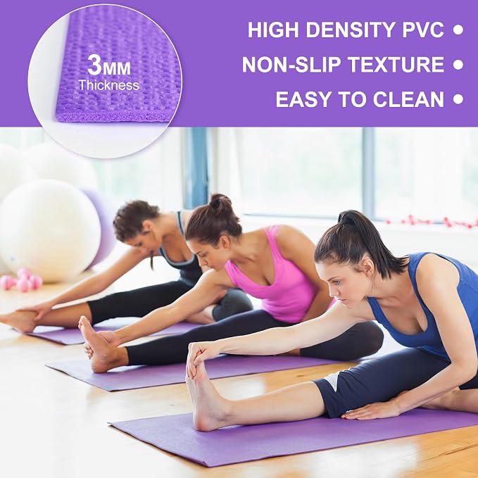 Funtery 3 mm Thin Yoga Mats Bulk, 68 x 24 Inches Lightweight PVC Exercise Mats Non Slip Workout Fitness Pads for Yoga Pilates Stretching Classes Gym Home Studio