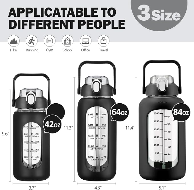 84oz Glass Water Bottle with Straw, 2.5 Liter Large Water Bottle with Silicone Sleeve and OZ Marker, Wide Mouth Gallon Glass Bottle with 2-in-1 Lid, Leakproof Water Jug for Gym Home, Black