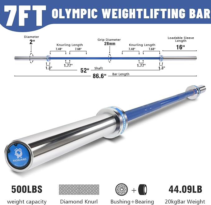 7ft Olympic Barbell 28mm 45lb – 500/700/1000LB Bar for Home Gym | Ceramic coated steel. Smooth spinning sleeves. Fits 2" plates. For snatch, clean and jerk, squats, deadlifts, bench press.