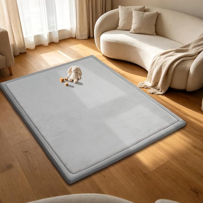 Baby Play Mat for Floor, 71'' x 59'' Thicken Foam Soft Padded Playmat for Tummy Time, Playpen Mat for Toddlers Infant Kids, Water-Repellent Coral Velvet, Non-Slip Bottom Safe for Crawling, Light Grey