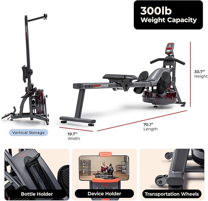 Sunny Health & Fitness Premium Water Rower w/Intensive Dynamic Real-Time Resistance, 300 LB Capacity Flip-able Rowing Machine for Home Training, Optional Free SunnyFit App Connection