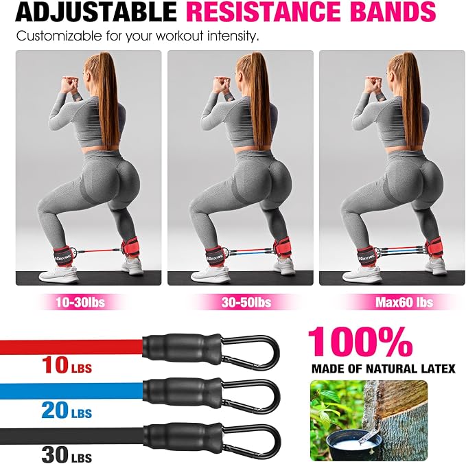 HOXWC Ankle Resistance Bands with Cuffs, Ankle Bands for Working Out, Ankle Resistance Band for Leg, Booty Workout Equipment for Kickbacks Hip Fitness Training, Exercise Bands for Butt Lift Women
