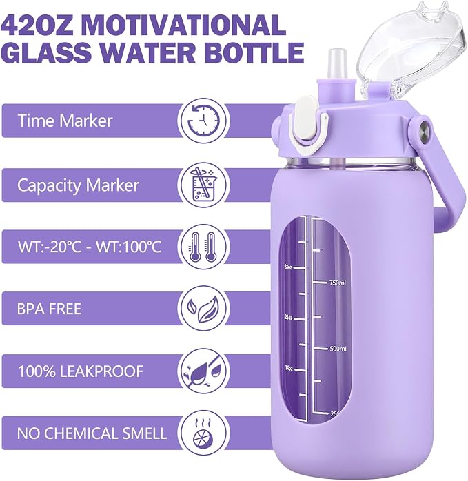 42oz Glass Water Bottles with Straw, Motivational Glass Bottle with Silicone Sleeve and Time Marker, Leakproof Large Glass Water Jug for Gym Home Office,Purple