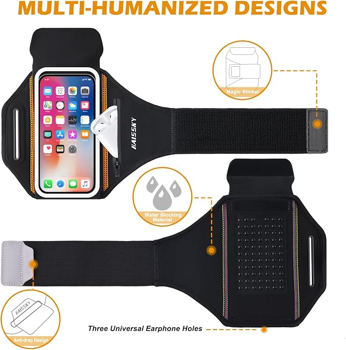 Running Armband with Earphone Bag, 6.9" Phone Holder for iPhone Samsung | Zipper Pocket for Keys & Earphones, TPU Touchscreen & Water-Resistant, 3D Design Phone Armband, Stretchy Fits Arm 13"-16.5"