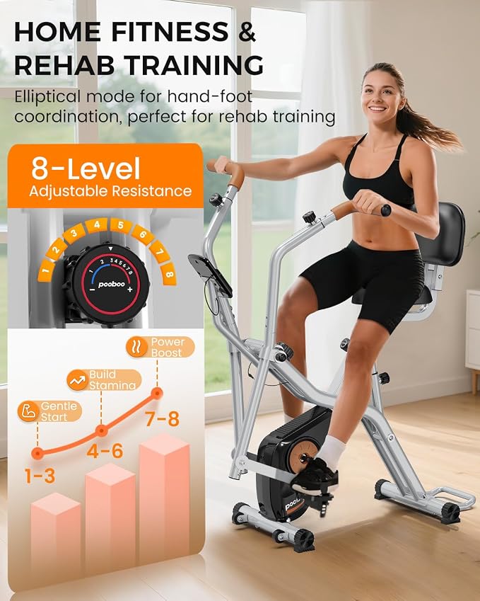 pooboo Folding Exercise Bike, Foldable Upright Stationary Bike, Indoor Cycling Magnetic X-Bike with 8-Level Adjustable Resistance, 6.6 LBS Flywheel, 300LB Capacity, Back Support Cushion for Home Gym