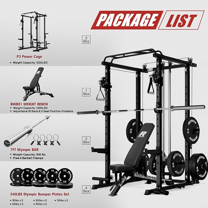 RitFit PPC-P3 Power Cage with Cable Crossover System, 1200LB Capacity | LAT Pulldown & Cable Crossover System with Bumper Plate Set, Olympic Barbell, Bench