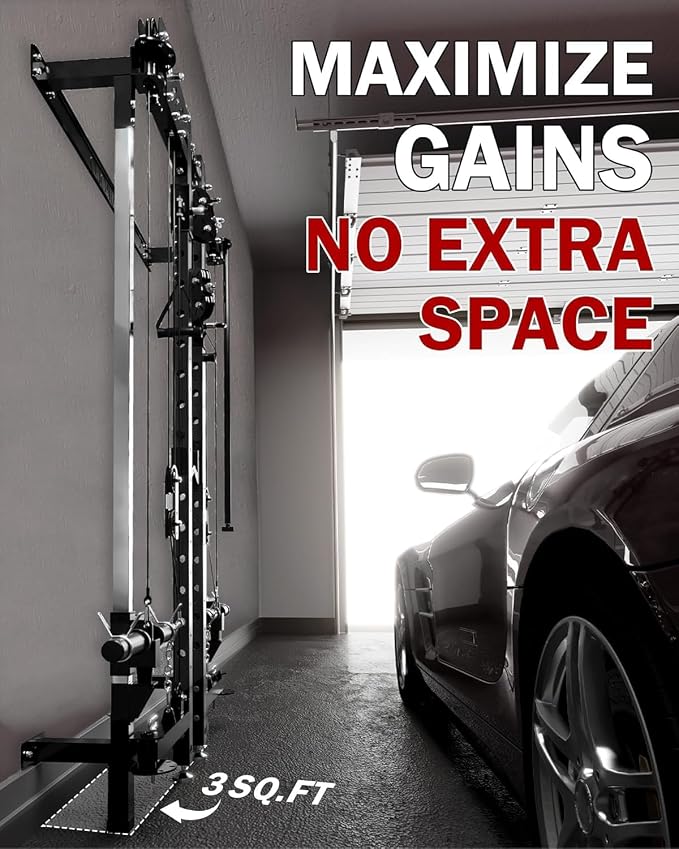 Mikolo Folding Squat Rack, Wall Mounted Power Rack with Cable Crossover Machine & LAT Pull Down, Functional Trainer with 5 Adjustable Function Modes, Home Gym Package