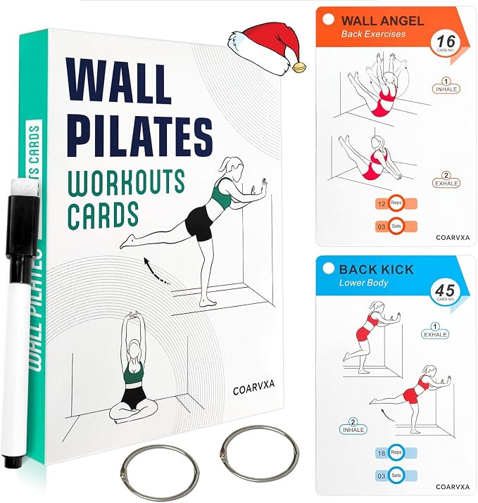 Wall Pilates Workouts for Women-58 Exercise Cards with Pilates Mat Workout Postures，ncludes 4-Week Challenge,2 Rings& Dry-Erase for Easy Organization-Home, Gym or Studio
