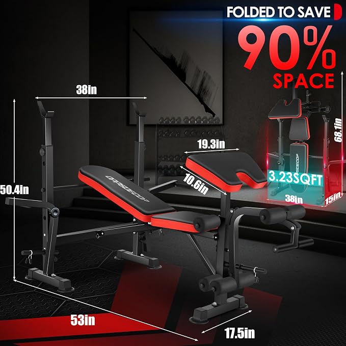 OPPSDECOR 900LBS Weight Bench Set Adjustable Workout Bench for Home Gym | Bench Press, Incline Press, Squat Rack, Leg Developer, Preacher Curl Pad, Fits 6-7ft Barbells, 2-Second Fold, 38-in Rear Rack
