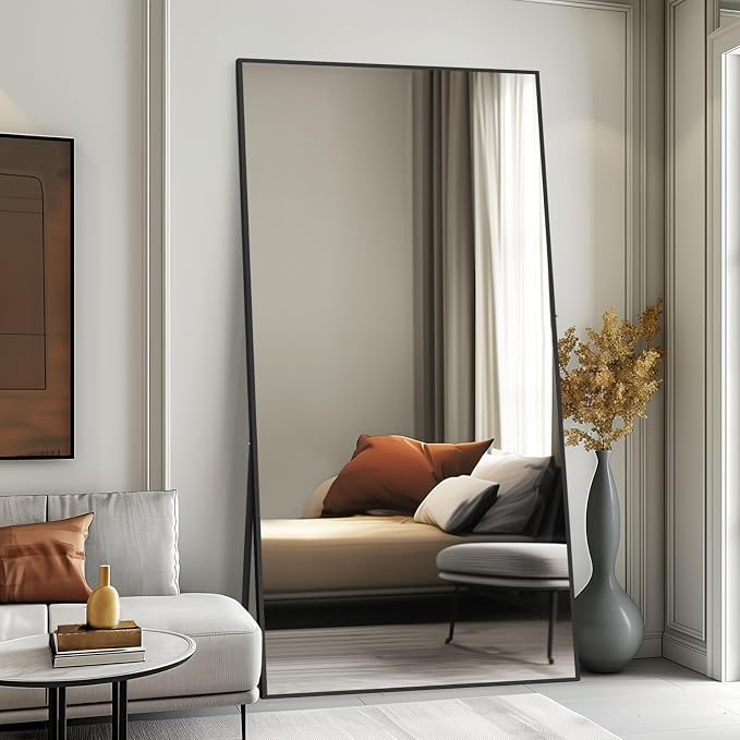 Beauty4U 76" x 34" Full Length Mirror with Stand, Black Large Floor Mirror | Standing, Leaning, or Wall-Mounted Tempered Glass Full Body Mirror with Metal Frame for Bedroom, Closet, Modern Home Decor