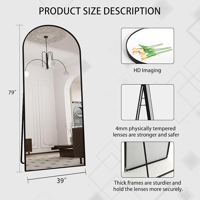 Beauty4U 79" x 39" Arched Full Length Mirror with Stand, Black Floor Mirror | Large Standing, Leaning, or Wall-Mounted Tempered Full Body Mirror with Metal Frame for Bedroom, Closet, Modern Home Decor