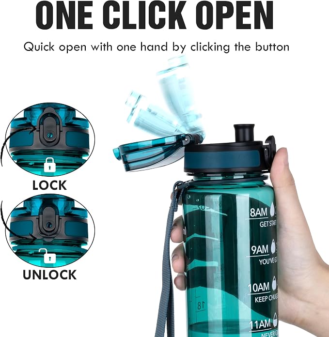 OLDLEY Water Bottle, 32oz Motivational Sports Water Bottle with Time Marker - Times to Drink - Tritan, BPA Free, Wide Mouth Leakproof,Deep Sea