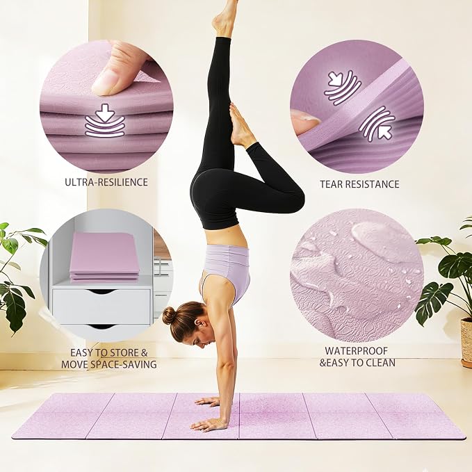 Foldable Yoga Mat Thick Non-Slip Exercise Mat | Packable Travel Fitness Mat, Carrying Bag Included, For Yoga, Pilates, Workout, Home & Gym Use