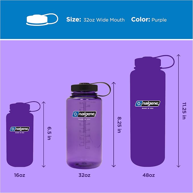 Nalgene 32 oz Wide Mouth Water Bottle, Purple | BPA-Free, Durable & Lightweight, Leak Proof, Dishwasher Safe, Large Reusable Plastic Bottle for Hiking, Gym, Work & Travel
