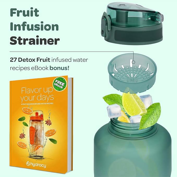 Hydracy Motivational Water Bottle with Time Marker & Fruit Infuser 64 oz | BPA-Free Tritan, Leakproof Flip-Top Lid,No-Sweat Sleeve,Carry Strap,Daily Intake Tracking for Gym,Sports,Outdoors