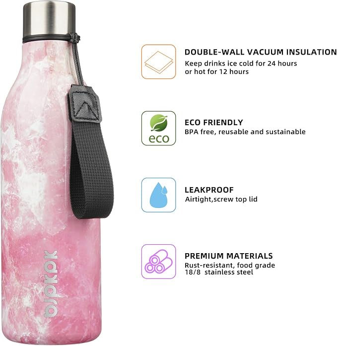 BJPKPK 25oz Insulated Water Bottle, Stainless Steel Bottle with Carry Strap | Keep Cold & Hot Vacuum Insulation, Leak-Proof BPA-Free Design, Slim Bottle Fits Most Cup Holders for Gym, Office & Travel