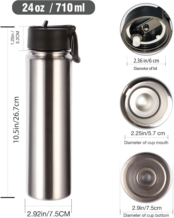 Volhoply 24 Ounce Insulated Water Bottle with Straw Lid,Stainless Steel Wide Mouth Sport Bottles with Handle,Double Wall Vacuum Cups Keep Cold,Reusable Travel Thermal Cups For Holder,Gym(Silver,1)