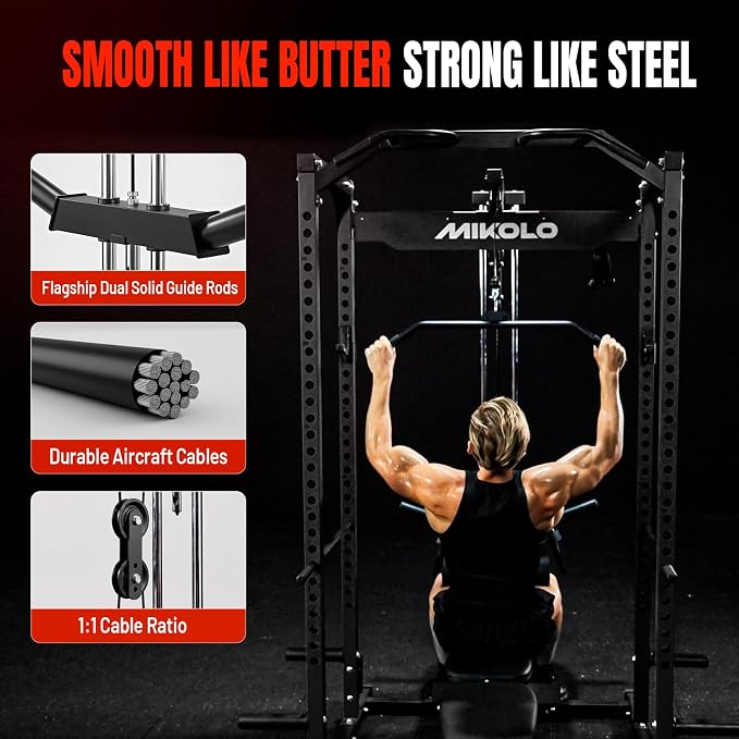 Mikolo F4-2.0 Elite Power Cage with Weight Stack & Dual-Track Smooth Pulley System for Home Gym, 1200LBS Squat Rack with Leg Hold-Down for Heavy LAT Pulldowns (Black with Bench＆Bar＆230LB CP)