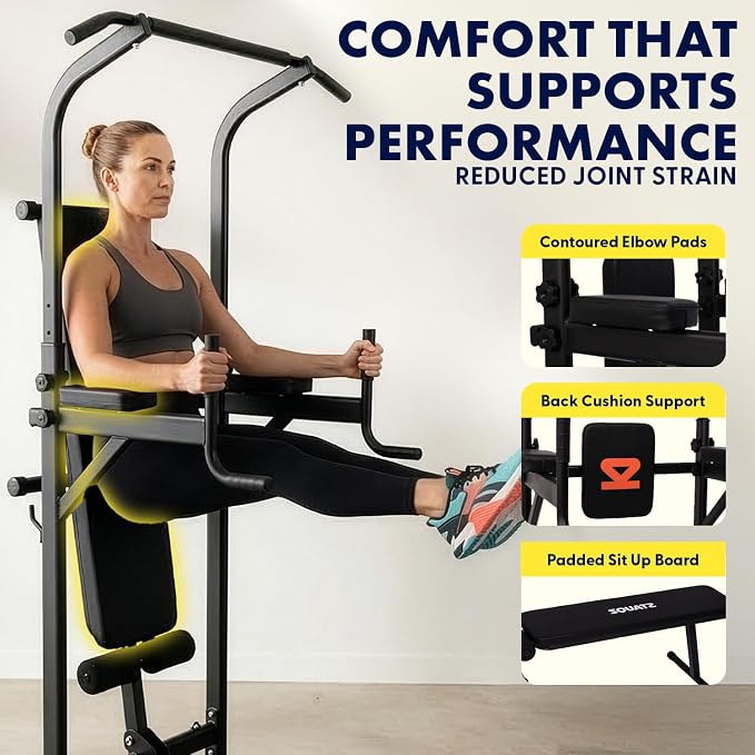 Pull-Up Dip Station - Your All-in-One Power Tower Gym and Chin-Up Bar Stand with Collapsible Bench for Home Exercise and Bench Press