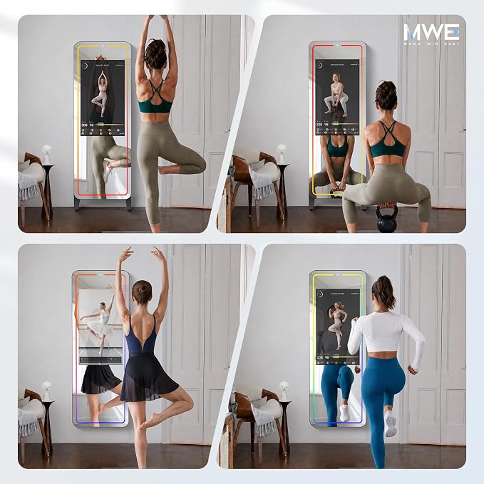 Smart Fitness Mirror, 32 Inch HD Touchscreen, 63 Inch Full-Length Workout Mirror, Android 12, RGB Music Sync, Wall Mount/Stand