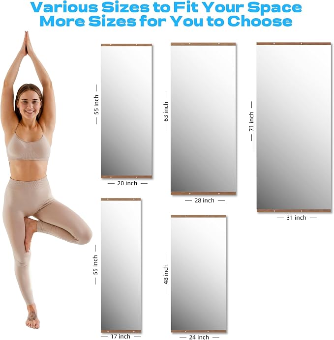 Hasipu 2Pcs 63''x28'' Home Gym Mirror Large Full Length Wall Mounted Full Body Mirror for Yoga Dance Fitness Exercise Studio Bedroom Garage, Frameless Tempered Glass Workout Mirrors Walnut Rectangular