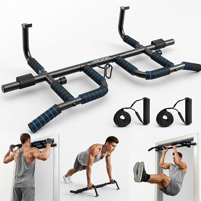 EPHESPORT 2026 Multifunctional Pull Up Bar for Doorway | US Patented Design, Foldable, No Drilling or Slipping, Multi-Grip Bar with Resistance Band, Large PVC Pads, 440 lbs Capacity