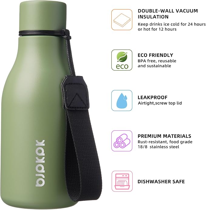 BJPKPK 12oz Insulated Water Bottle, Stainless Steel Bottle with Carry Strap | Keep Cold & Hot Vacuum Insulation, Leak-Proof BPA-Free Design, Slim Bottle Fits Most Cup Holders for Gym, Office & Travel