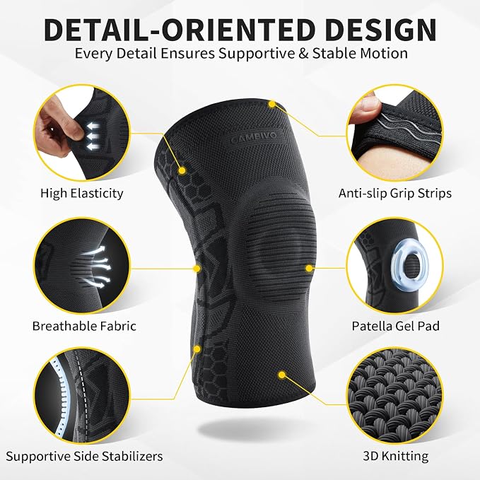 CAMBIVO Knee Brace for Men & Women, 2-Pack Compression Sleeve with Gel Pad | Patella Gel Pad with Side Stabilizers for Knee Pain Relief. Ideal for Running, Weightlifting & Arthritis, Workout, Daily Use