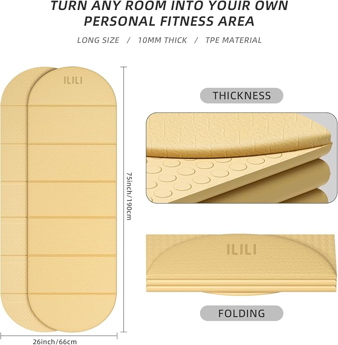 ILILI Foldable Yoga Mat-Semicircular, 10mm Thick, TPE Material, Extra Long 75"L x 26"W, Soft and Comfortable Folding Oval Mat 0.4 Inches, Easy to Carry and Store, 190*66cm Portable Multi-Functional Use for Yoga, Home Exercise & Outdoor