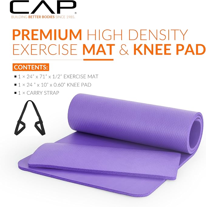 CAP Barbell 1/2-Inch High Density Exercise Yoga Mat with Strap | Multiple Options