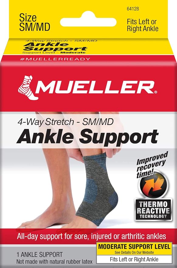 Mueller Sports Medicine FIR 4-Way Ankle Support Sleeve, Ankle Pain Relief Support for Men and Women, Ideal for Sprains, Strains, Arthritis, Black/Blue