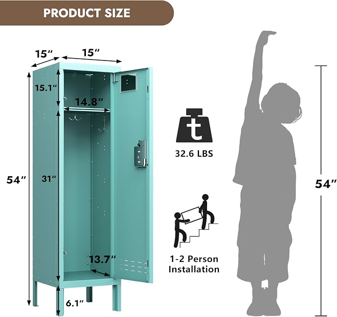 BUTISOW Metal Storage Locker with Lock & Card Slot Locker - Secure Lockable Door - Steel Locker for School, Office, Gym, Home - 54" H x 15" W x 15" D（1 Door, Teal）