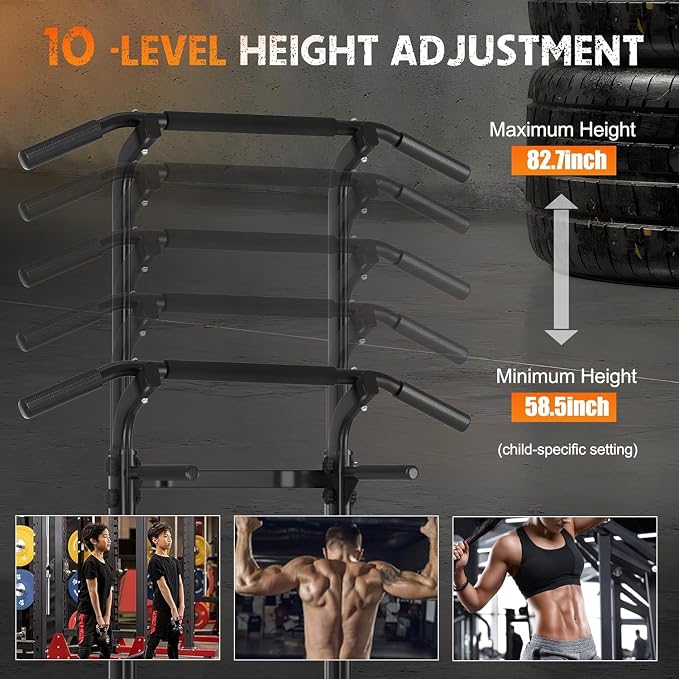 Adjustable Power Tower Pull Up Bar Dip Station, Free Standing Pull Up Rack Dip Station for Home Gym, 400LBS Capacity Height Heavy Duty Multi-Function Home Strength Training Fitness Workout Equipment