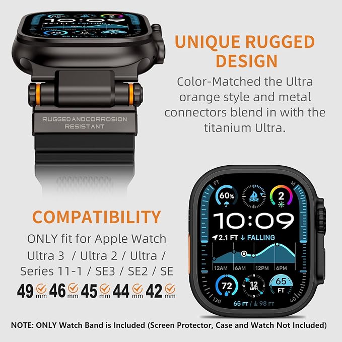 Band Compatible with Apple Watch Ultra 3/2/1 Band 49/46/45/44mm | Metal Connector with Silicone Rugged Strap for iWatch Ultra Series 11/10/9/8/7/6/SE3/SE2/SE/5/4/3/2/1, Black/Black