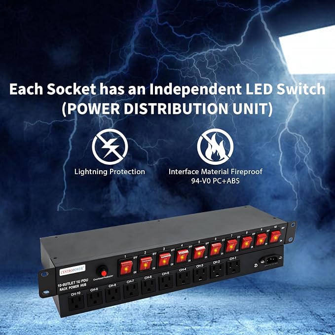 1U PDU Horizontal Rackmount Power Strip - Overload Protector | 10 NEMA 5-15R Outlet, 100V-240V/15A, 1800 Joules, 10 Independent LED Switches, 6 ft Cord