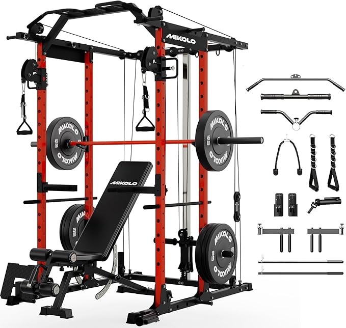 Mikolo Power Cage, Power Rack with Cable Crossover System, 1500LBS Squat Rack with LAT Pull Down System, Workout Cage with Pulley System for Fitness Home Gym