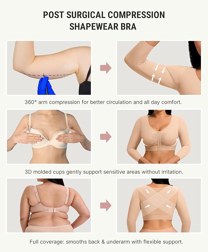 FeelinGirl Arm Compression Sleeve Women Post Arm Lipo Shaper | Front Closure, Compression Bra with Sleeves, Breast Lift, Back Smooth, Post Augmentation Lymphedema Recovery