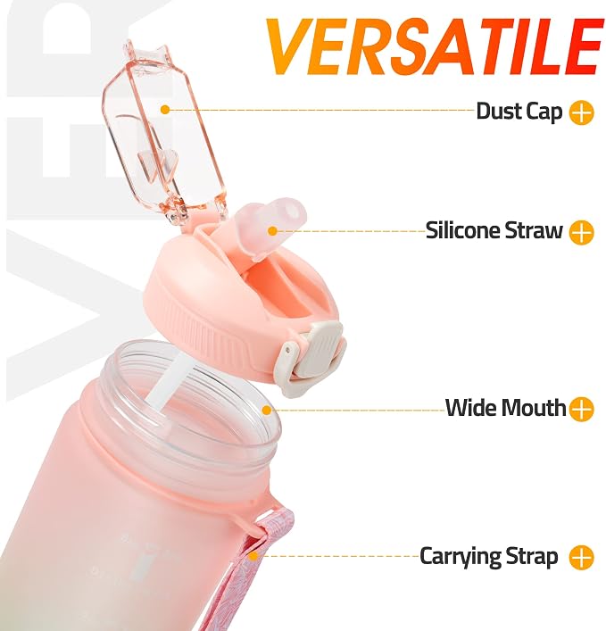 YC Kitchen Motivational Water Bottle with Time Marker- 32oz Water Bottles with Times to Drink, Leakproof & BPA Free Sports Water Bottle with Straw & Carry Strap for Fitness, Gym, and Outdoor Sports