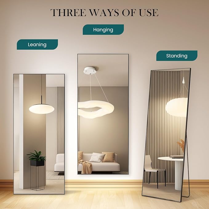 DUMOS 64"x21" Full Length Mirror, Full Body Mirror, Black | Aluminum Alloy Thin Frame, Leaning or Hanging, Suitable for Bedroom, Livingroom, Cloakroom