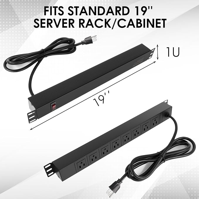 8 Outlet Rack Mount PDU Power Strip, 1020J Surge Protection | 15A Overload Switch, Fits 19'' Network Server Rack, 6ft 14AWG Cord, 1U RackMount, Rear Plug