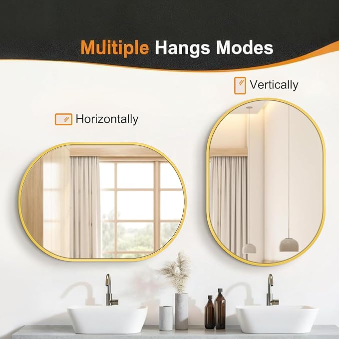 Oval Bathroom Vanity Mirror for Wall, 40''x28'' Gold Oval Bathroom Mirror for Over Sink, Bedroom, Living Room, Entryway, HD Tempered Glass, Wall Mounted Horizontally or Vertically