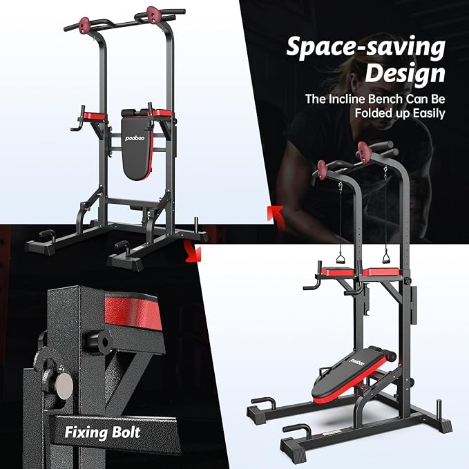Pull Up Bar Power Tower Dip Station, 450LB Adjustable Home Gym Equipment | 11-height adjustment supports pull ups, dips, knee raises, push ups and versatile full-body strength training