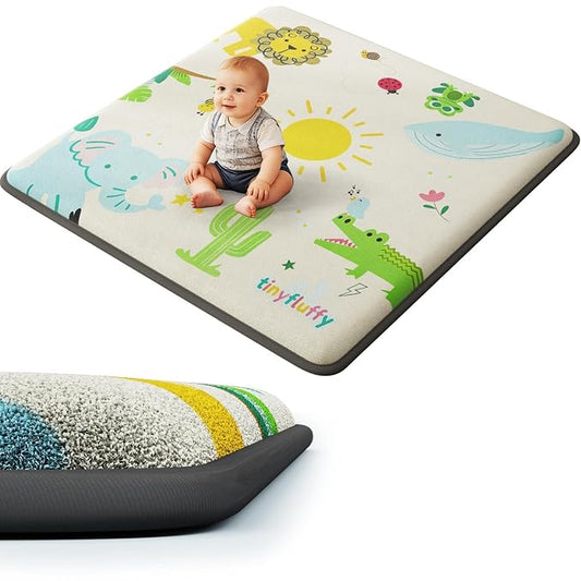 Baby Play Mat for Floor, 1.3" Thick Elasti-Foam Baby Play Mat, 71x59 Playpen Mat for Toddlers Infant kids, Water Repellent Soft Coral Velvet Crawling Mat for Floor, Non-Slip Backing Safe Jungle Safari