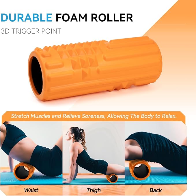 5 in 1 Foam Roller Set, High Density Patented Exercise Roller | Deep Tissue Massage Roller Stick, Massage Ball, Resistance Band for Pilates, Yoga, Whole Body Fitness Exercise, Orange