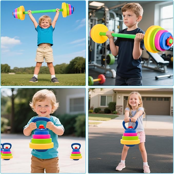 Kids Weight Set – Adjustable Barbell & Kettlebell with Water Bottle | BPA-Free Plastic, Safe for Ages 3-8, Water-Fillable for Adjustable Weight, Boosts Coordination & Confidence