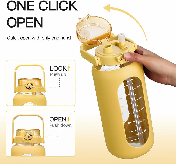 chunmo 42oz/52oz/64oz Glass Water Bolttles with Straw Half Gallon Large Motivational Water Bottle with Time Marker Sports Water Bottles with Silicone Sleeve and Handle Lid Water Jug for Gym Workout