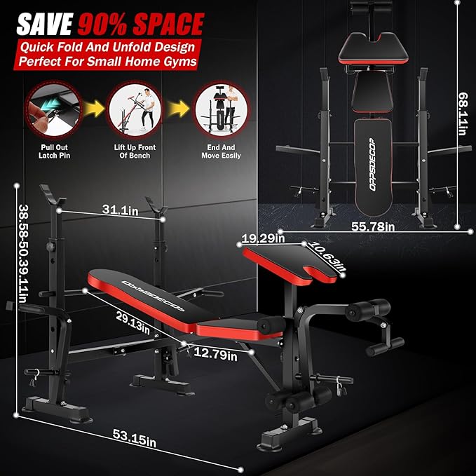 OPPSDECOR 900LBS Weight Bench Set for Home Gym, 6-in-1 Foldable Bench Press Set with Leg Extension, Leg Curl, Preacher Curl Pad, Barbell Rack, Squat Rack for Full Body Workout, Strength Training