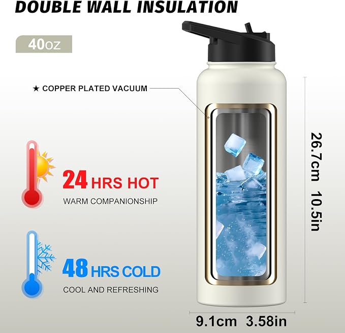 40oz Insulated Water Bottle (Cold for 48 Hrs),BPA Free&Leak Proof,Stainless Steel Water Flask,Water Jug with Straw Spout Lids for Gym,Hiking,Travel,White